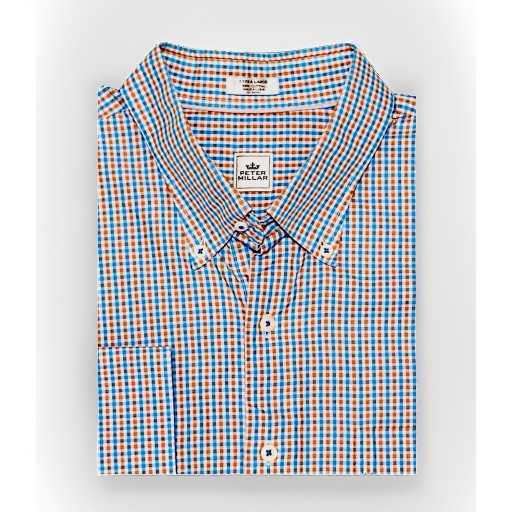 Peter Millar Mens XL Gingham Check Orange Blue Long Sleeve Button Down Shirt